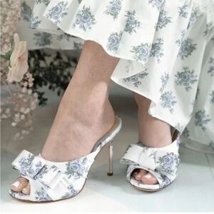 Floral White Heeled Mules